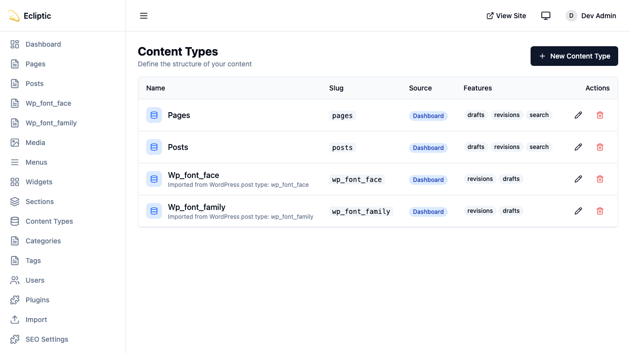 EmDash content types showing Pages, Posts, and custom collections with their features