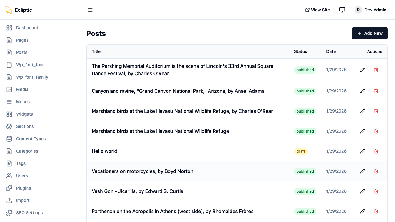 EmDash posts list showing titles, status, and dates